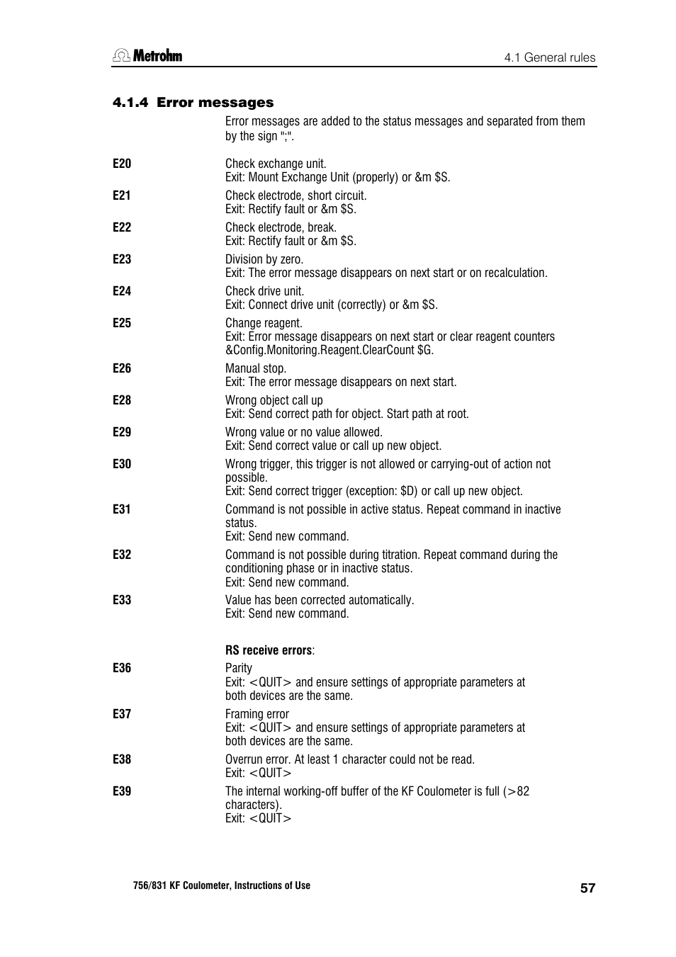 4 error messages | Metrohm 756 KF Coulometer User Manual | Page 65 / 163