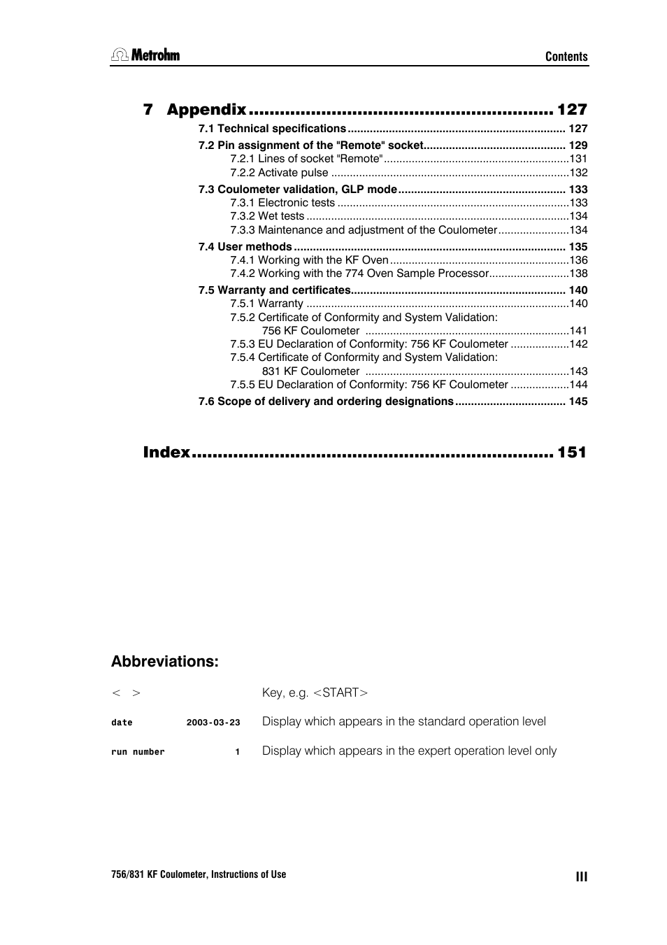 7 appendix, Index, Abbreviations | Metrohm 756 KF Coulometer User Manual | Page 7 / 163