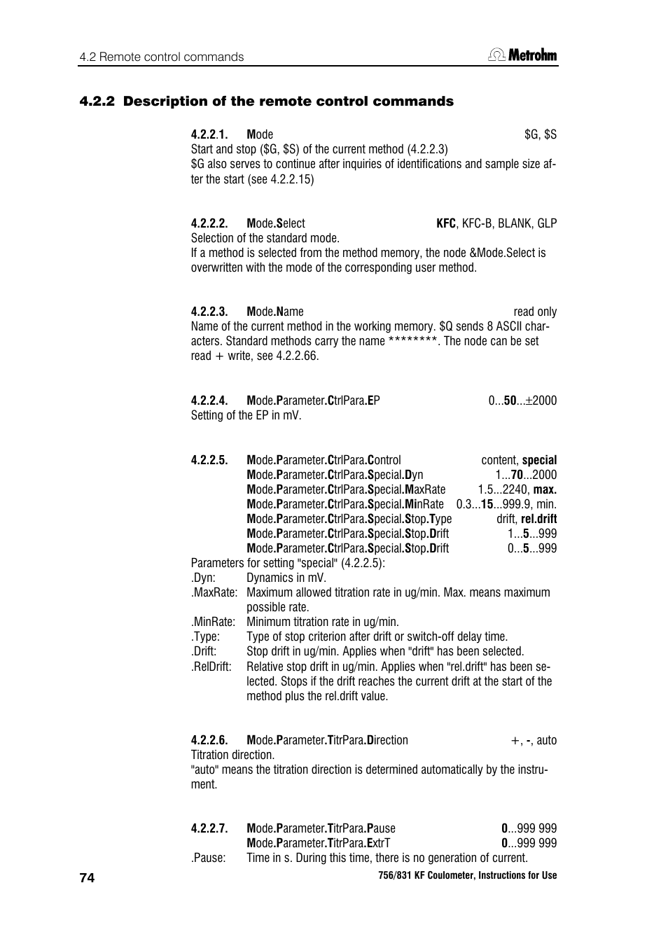 2 description of the remote control commands | Metrohm 756 KF Coulometer User Manual | Page 82 / 163