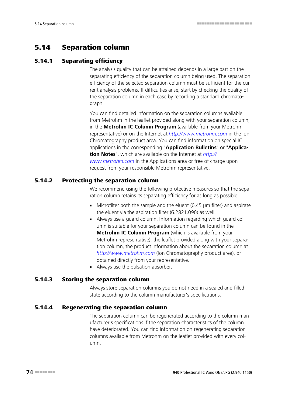 14 separation column, 1 separating efficiency, 2 protecting the separation column | 3 storing the separation column, 4 regenerating the separation column, Separating efficiency, Protecting the separation column, Storing the separation column, Regenerating the separation column | Metrohm 940 Professional IC Vario ONE/LPG User Manual | Page 82 / 98