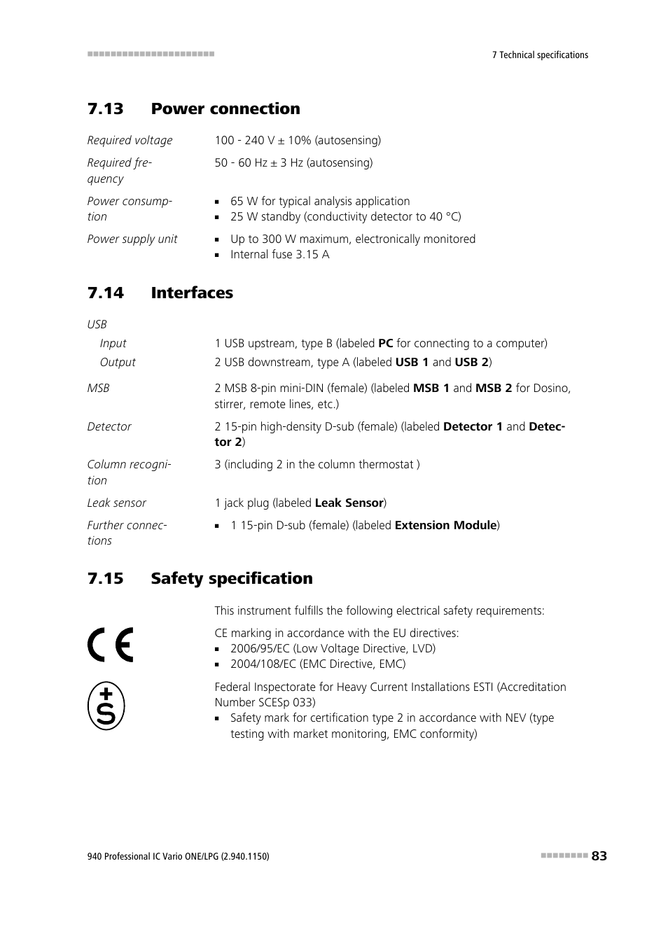 13 power connection, 14 interfaces, 15 safety specification | Metrohm 940 Professional IC Vario ONE/LPG User Manual | Page 91 / 98