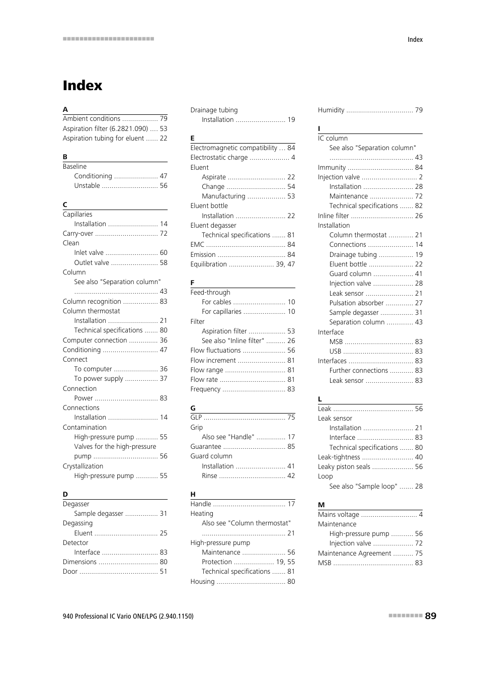 Index | Metrohm 940 Professional IC Vario ONE/LPG User Manual | Page 97 / 98