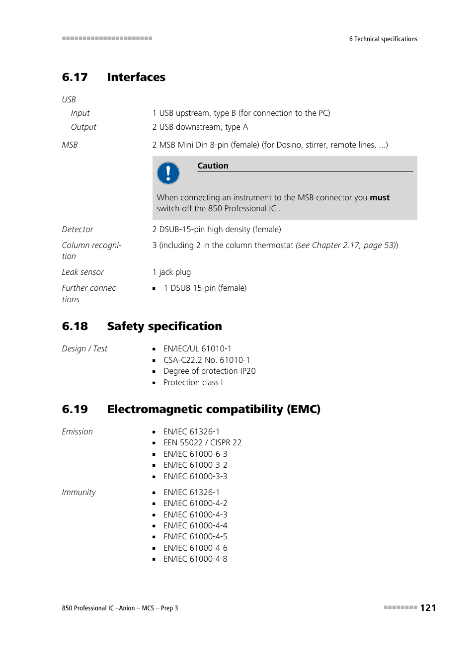 17 interfaces, 18 safety specification, 19 electromagnetic compatibility (emc) | Metrohm 850 Professional IC Anion MCS Prep 3 User Manual | Page 131 / 154