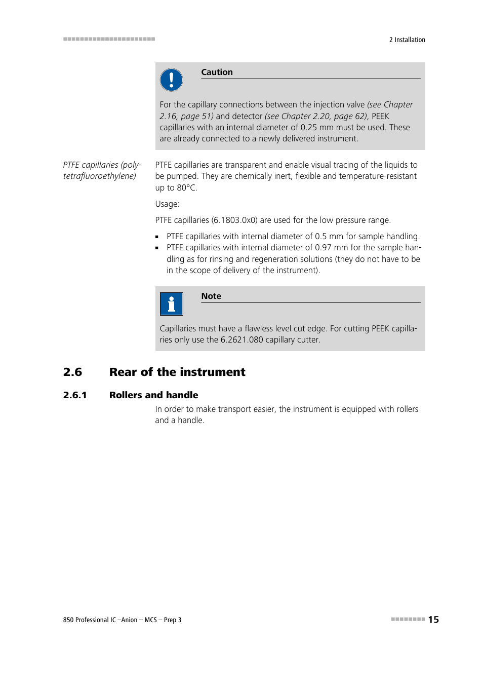 6 rear of the instrument, 1 rollers and handle, Rear of the instrument | Rollers and handle | Metrohm 850 Professional IC Anion MCS Prep 3 User Manual | Page 25 / 154