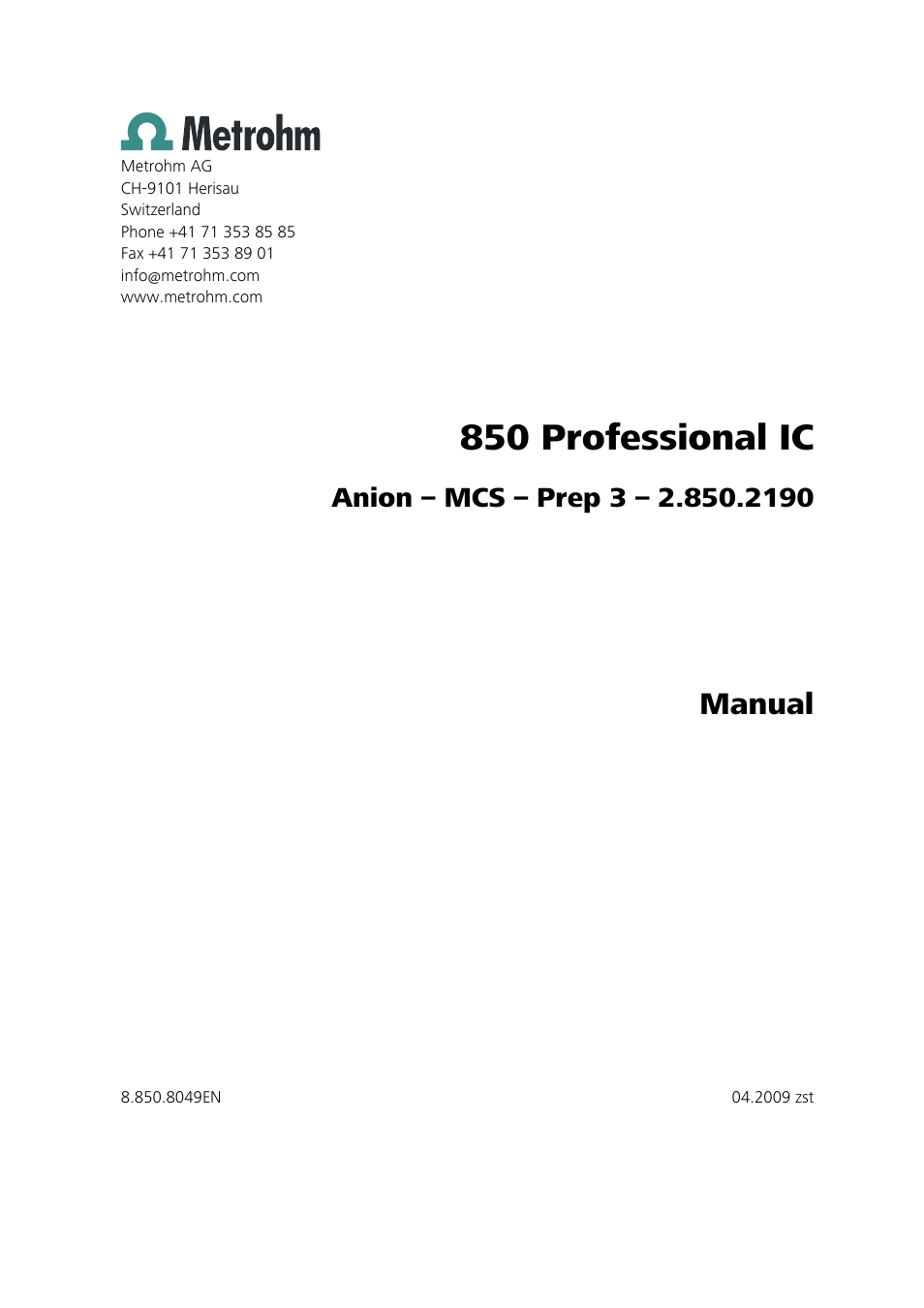 850 professional ic, Manual | Metrohm 850 Professional IC Anion MCS Prep 3 User Manual | Page 3 / 154