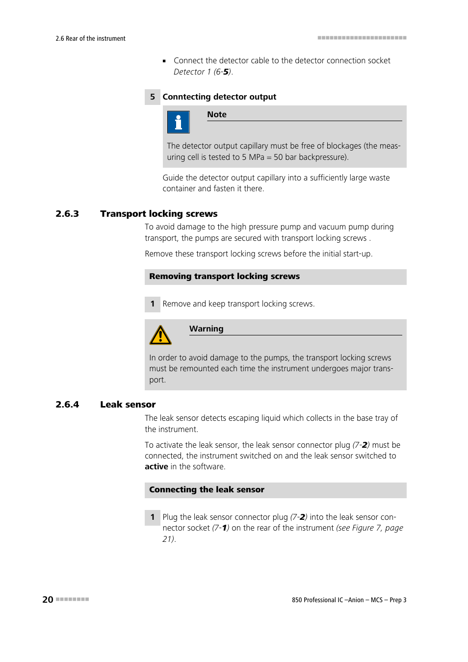 3 transport locking screws, 4 leak sensor, Transport locking screws | Leak sensor | Metrohm 850 Professional IC Anion MCS Prep 3 User Manual | Page 30 / 154