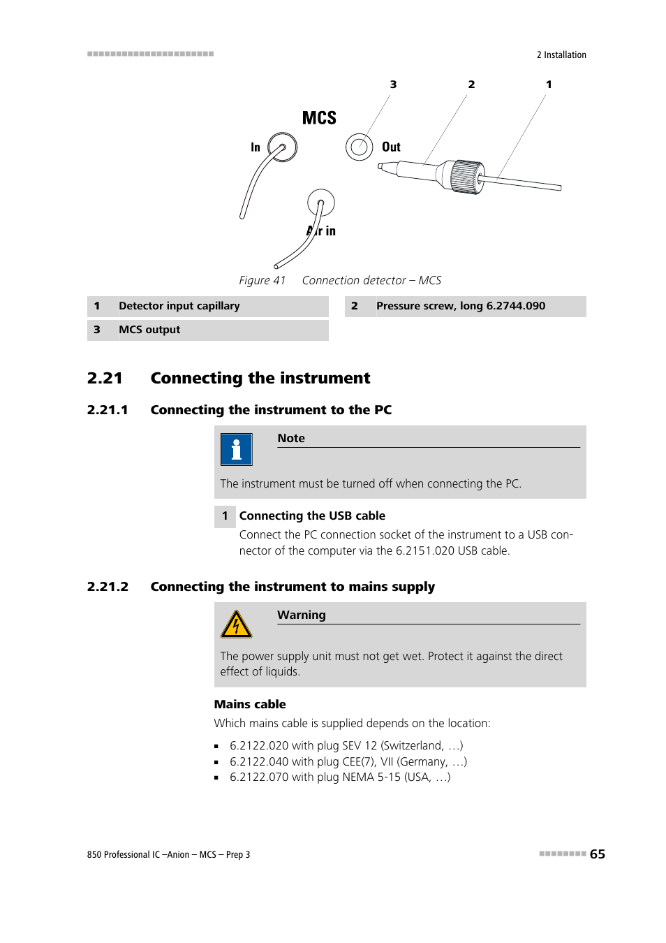 21 connecting the instrument, 1 connecting the instrument to the pc, 2 connecting the instrument to mains supply | Connecting the instrument to the pc, Connecting the instrument to mains supply, Figure 41, Connection detector – mcs | Metrohm 850 Professional IC Anion MCS Prep 3 User Manual | Page 75 / 154
