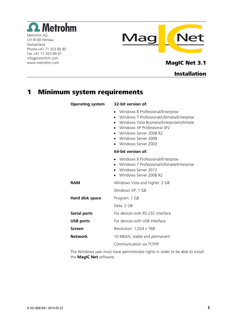 Metrohm MagIC Net 3.1 User Manual | 20 pages