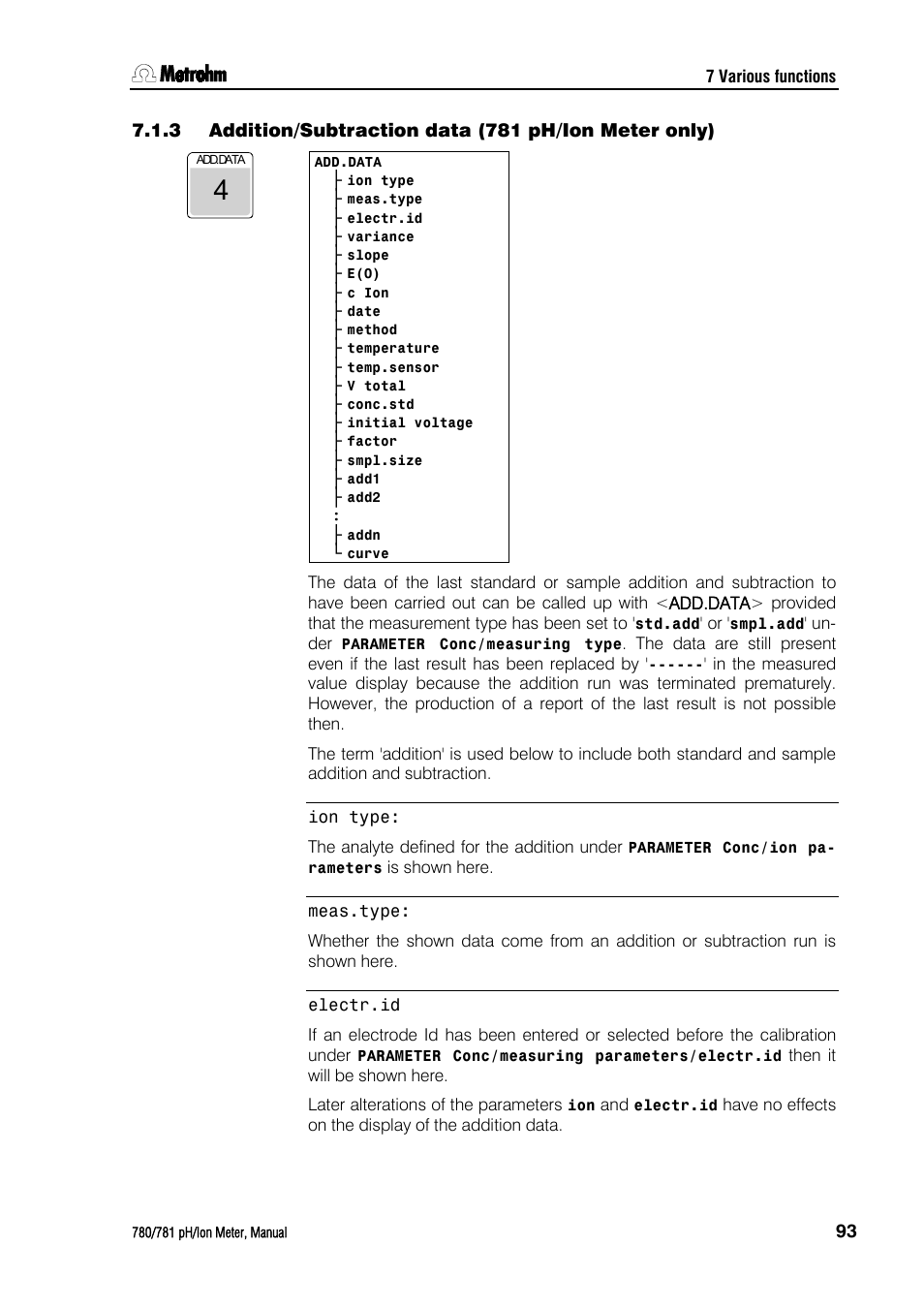 Addition/subtraction data (781 ph/ion meter only) | Metrohm 781 pH/Ion Meter User Manual | Page 103 / 177