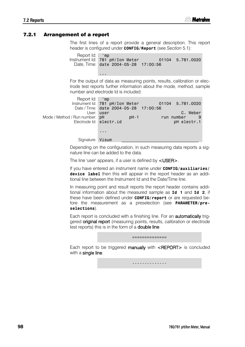 1 arrangement of a report, Arrangement of a report | Metrohm 781 pH/Ion Meter User Manual | Page 108 / 177