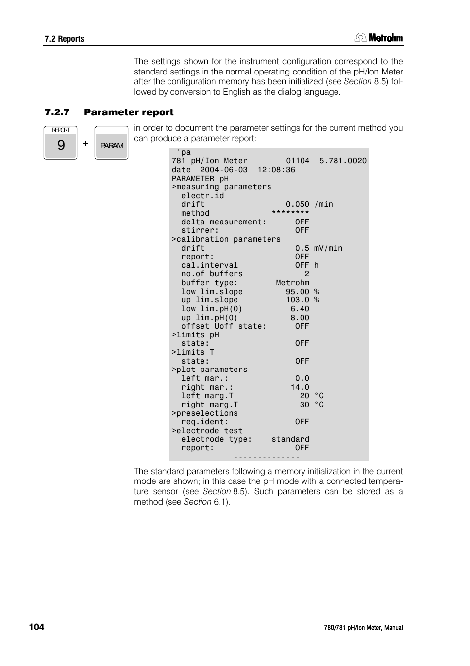 7 parameter report, Parameter report | Metrohm 781 pH/Ion Meter User Manual | Page 114 / 177