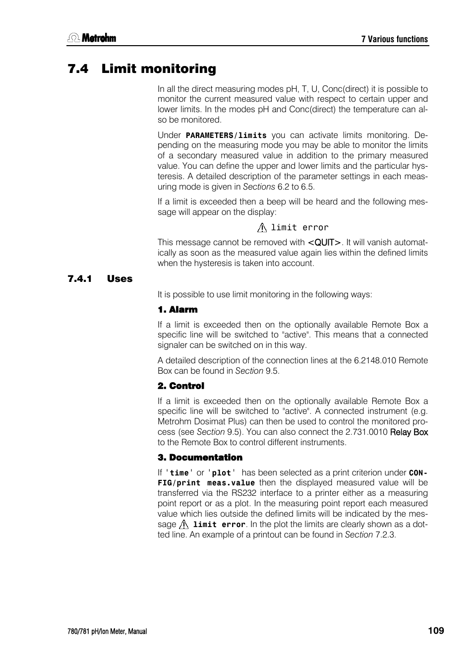 4 limit monitoring, 1 uses, Limit monitoring | Uses | Metrohm 781 pH/Ion Meter User Manual | Page 119 / 177