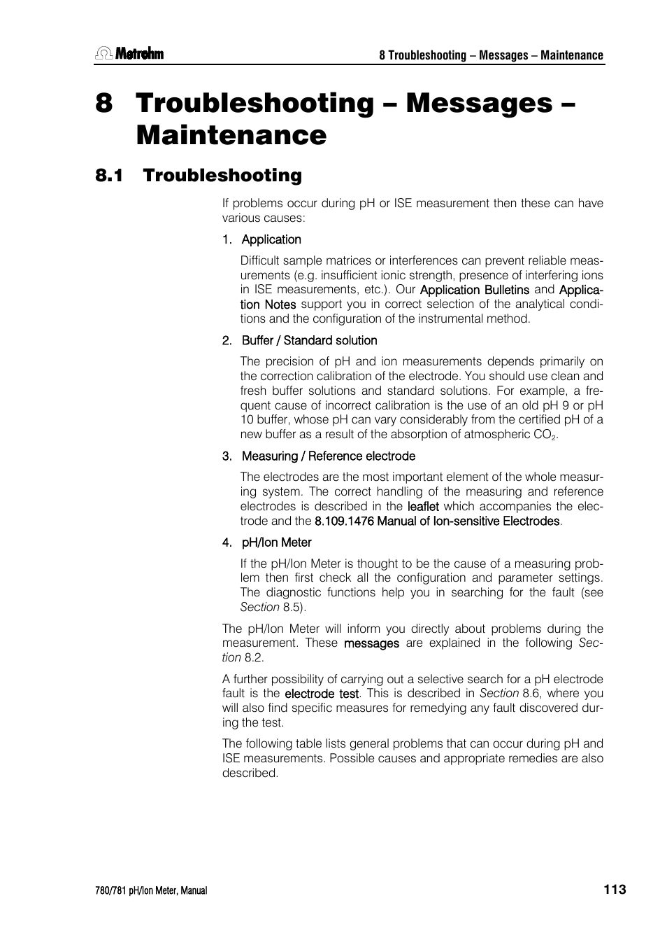 8 troubleshooting – messages – maintenance, 1 troubleshooting, Troubleshooting – messages – maintenance | Troubleshooting, 8troubleshooting – messages – maintenance | Metrohm 781 pH/Ion Meter User Manual | Page 123 / 177