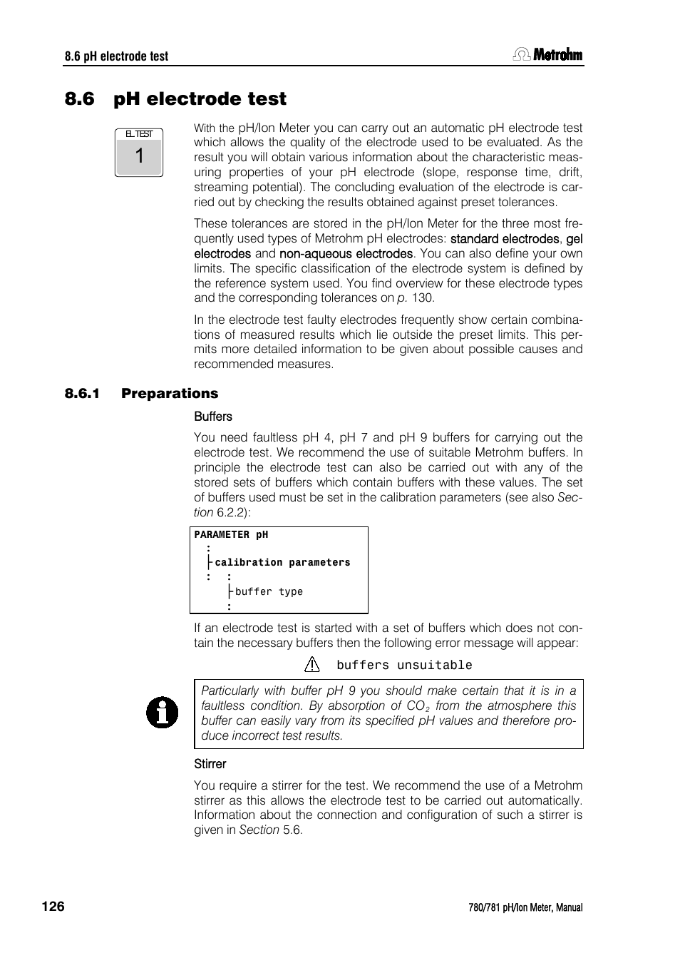 6 ph electrode test, 1 preparations, Ph electrode test | Preparations | Metrohm 781 pH/Ion Meter User Manual | Page 136 / 177