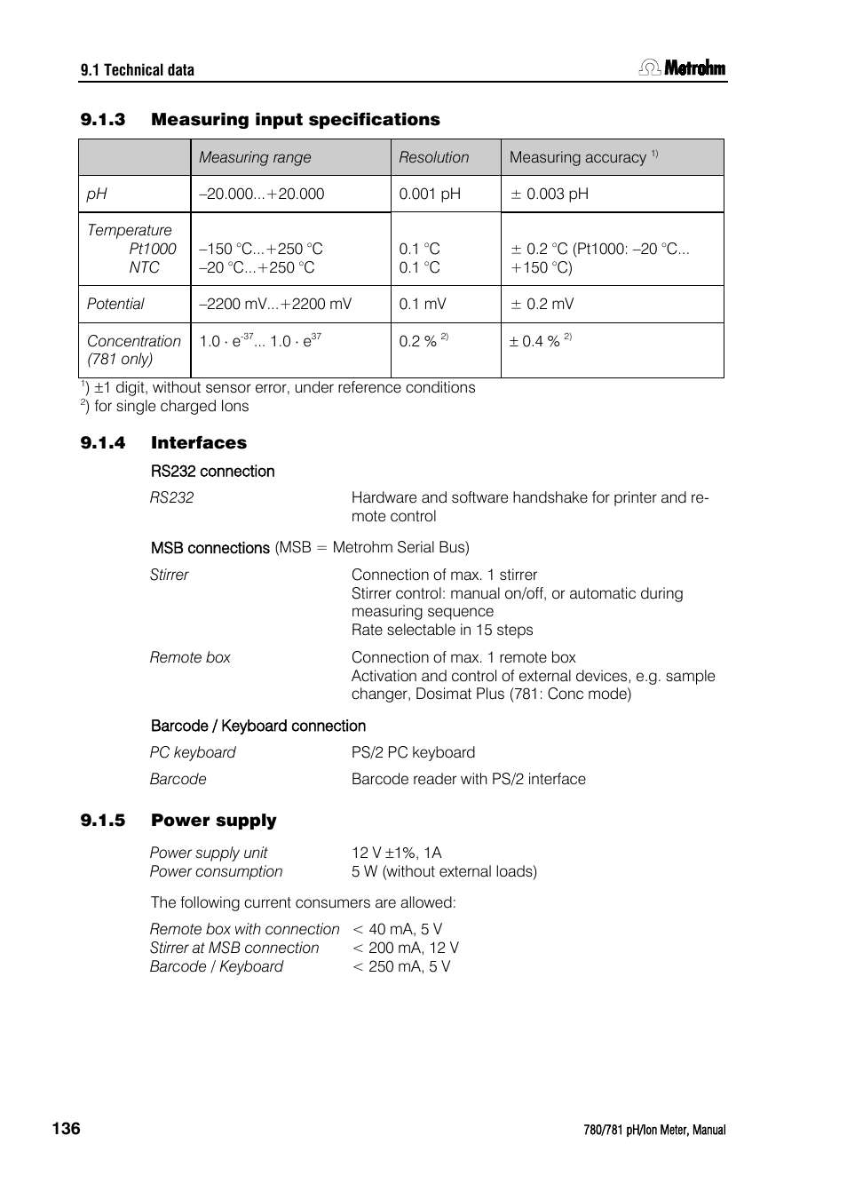 3 measuring input specifications, 4 interfaces, 5 power supply | Measuring input specifications, Interfaces, Power supply | Metrohm 781 pH/Ion Meter User Manual | Page 146 / 177