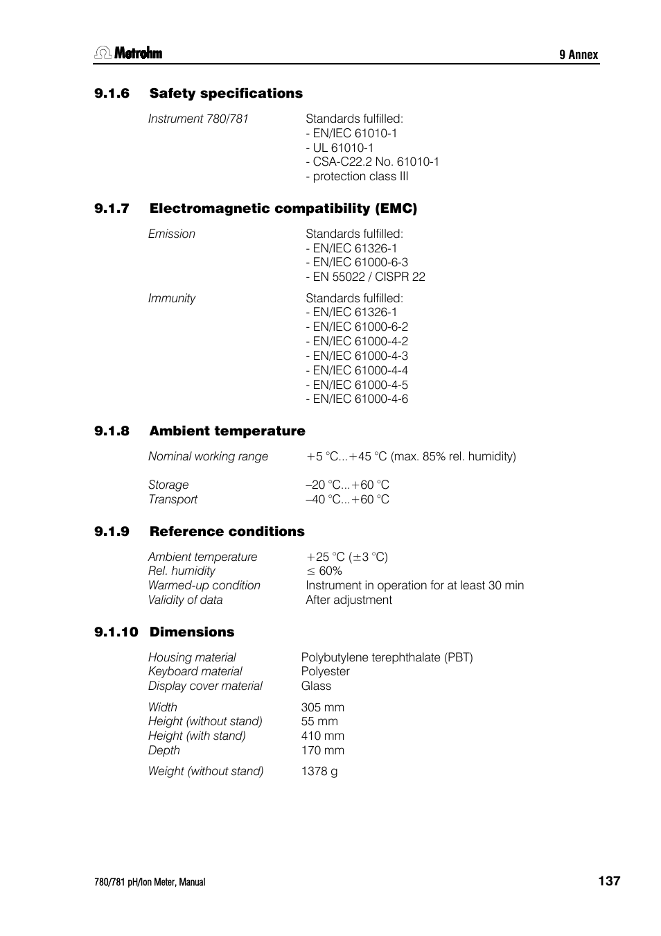 6 safety specifications, 7 electromagnetic compatibility (emc), 8 ambient temperature | 9 reference conditions, 10 dimensions, Safety specifications, Electromagnetic compatibility (emc), Ambient temperature, Reference conditions, Dimensions | Metrohm 781 pH/Ion Meter User Manual | Page 147 / 177