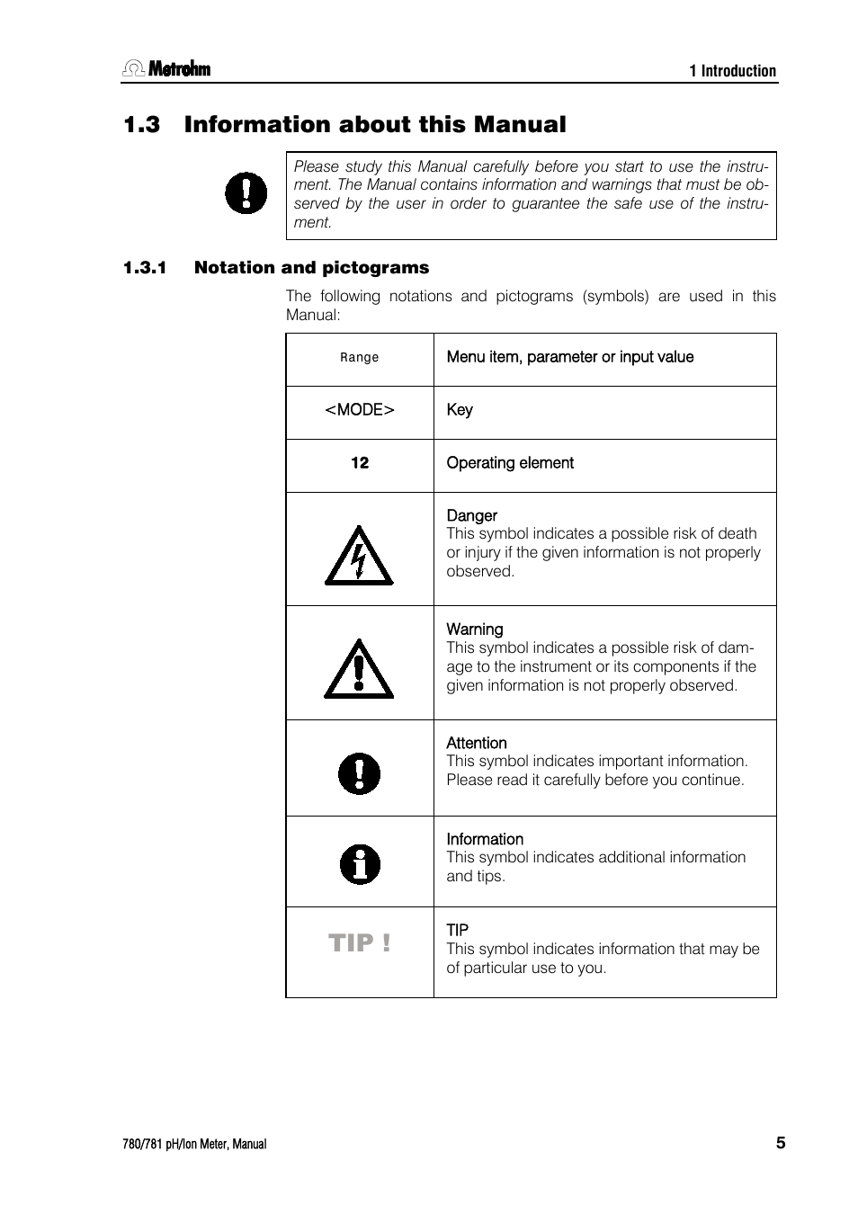 3 information about this manual, 1 notation and pictograms, Information about this manual | Notation and pictograms | Metrohm 781 pH/Ion Meter User Manual | Page 15 / 177