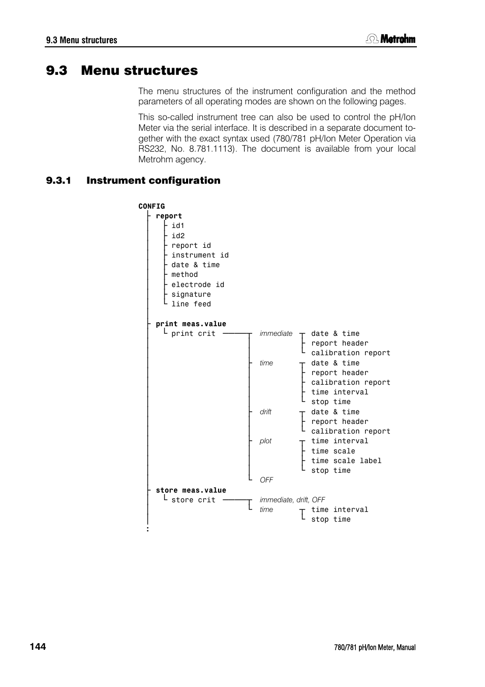 3 menu structures, 1 instrument configuration, Menu structures | Instrument configuration | Metrohm 781 pH/Ion Meter User Manual | Page 154 / 177