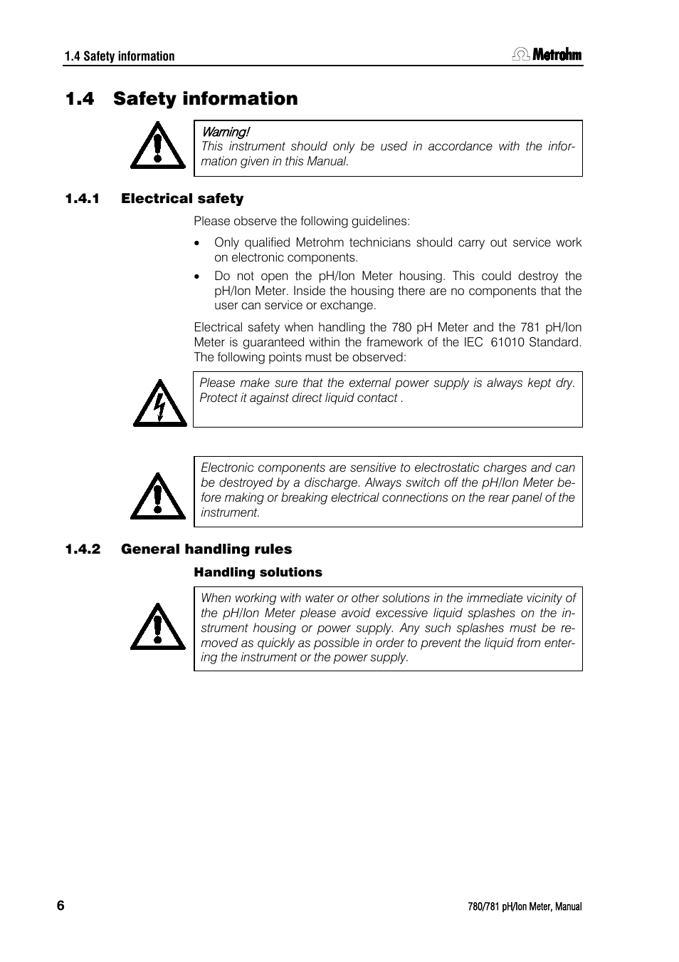 4 safety information, 1 electrical safety, 2 general handling rules | Safety information, Electrical safety, General handling rules | Metrohm 781 pH/Ion Meter User Manual | Page 16 / 177