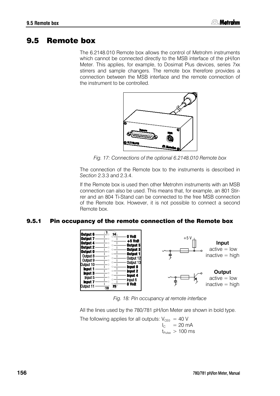 5 remote box, Remote box, Fig. 18: pin occupancy at remote interface | Metrohm 781 pH/Ion Meter User Manual | Page 166 / 177