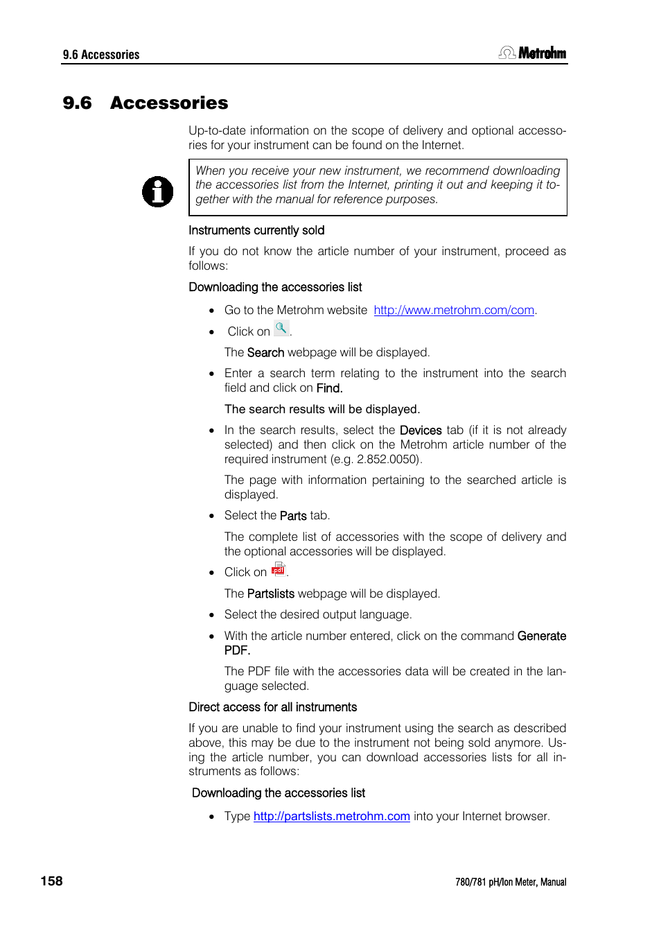 6 accessories, Accessories | Metrohm 781 pH/Ion Meter User Manual | Page 168 / 177