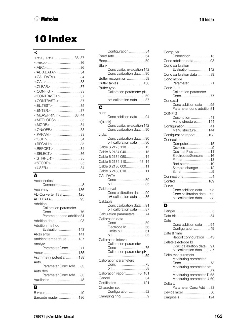 10 index, Index | Metrohm 781 pH/Ion Meter User Manual | Page 173 / 177
