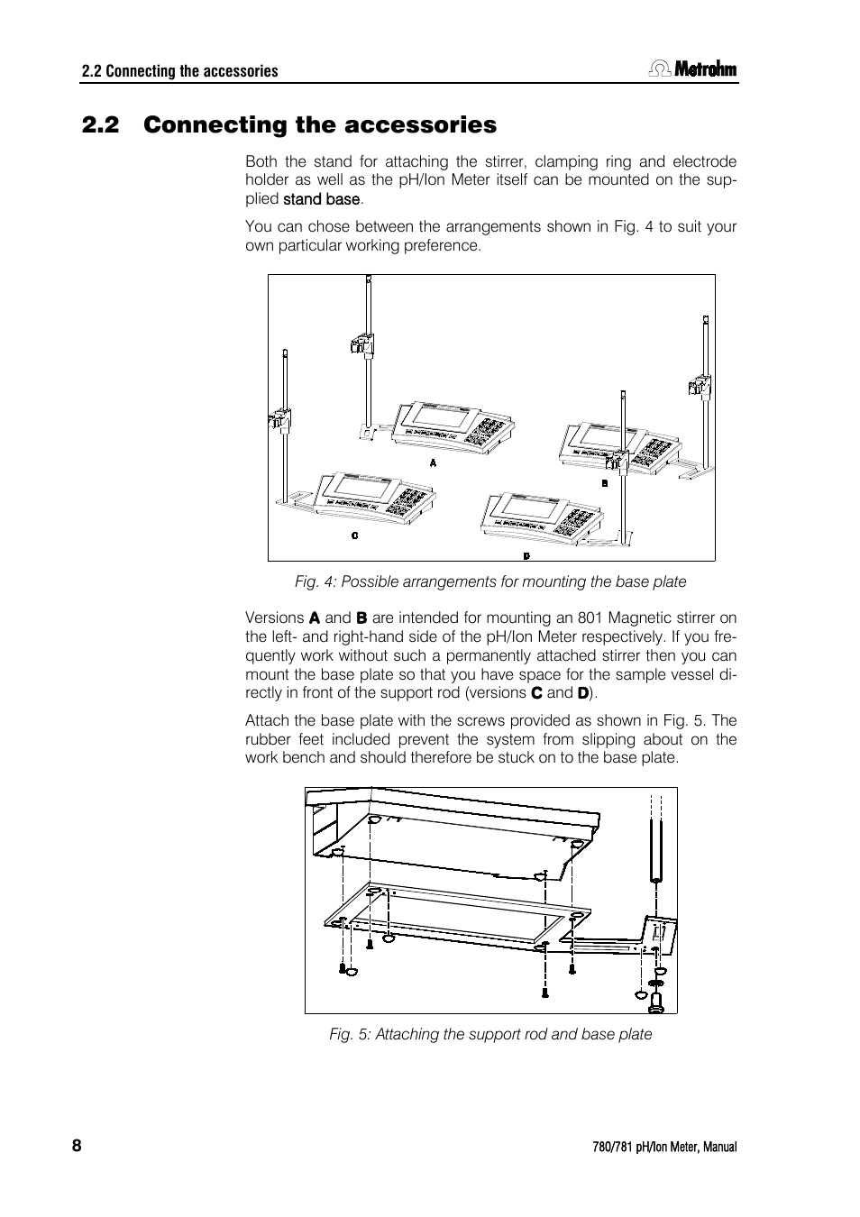 2 connecting the accessories, Connecting the accessories, Fig. 5: attaching the support rod and base plate | Metrohm 781 pH/Ion Meter User Manual | Page 18 / 177