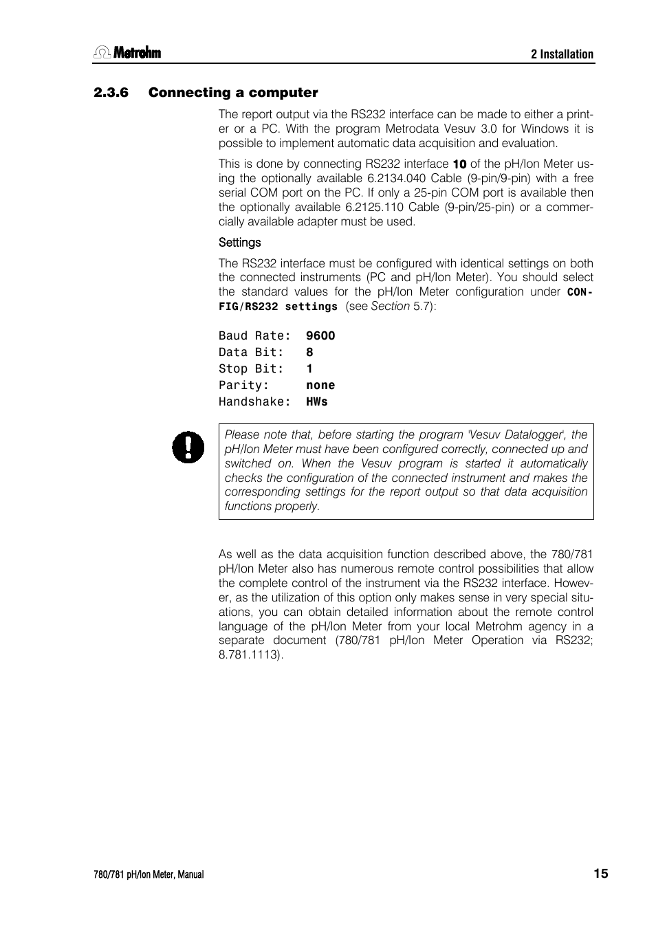 6 connecting a computer, Connecting a computer | Metrohm 781 pH/Ion Meter User Manual | Page 25 / 177