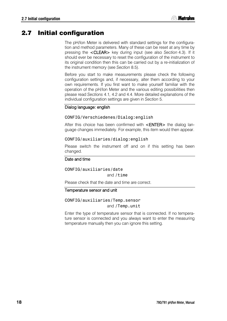 7 initial configuration, Initial configuration | Metrohm 781 pH/Ion Meter User Manual | Page 28 / 177