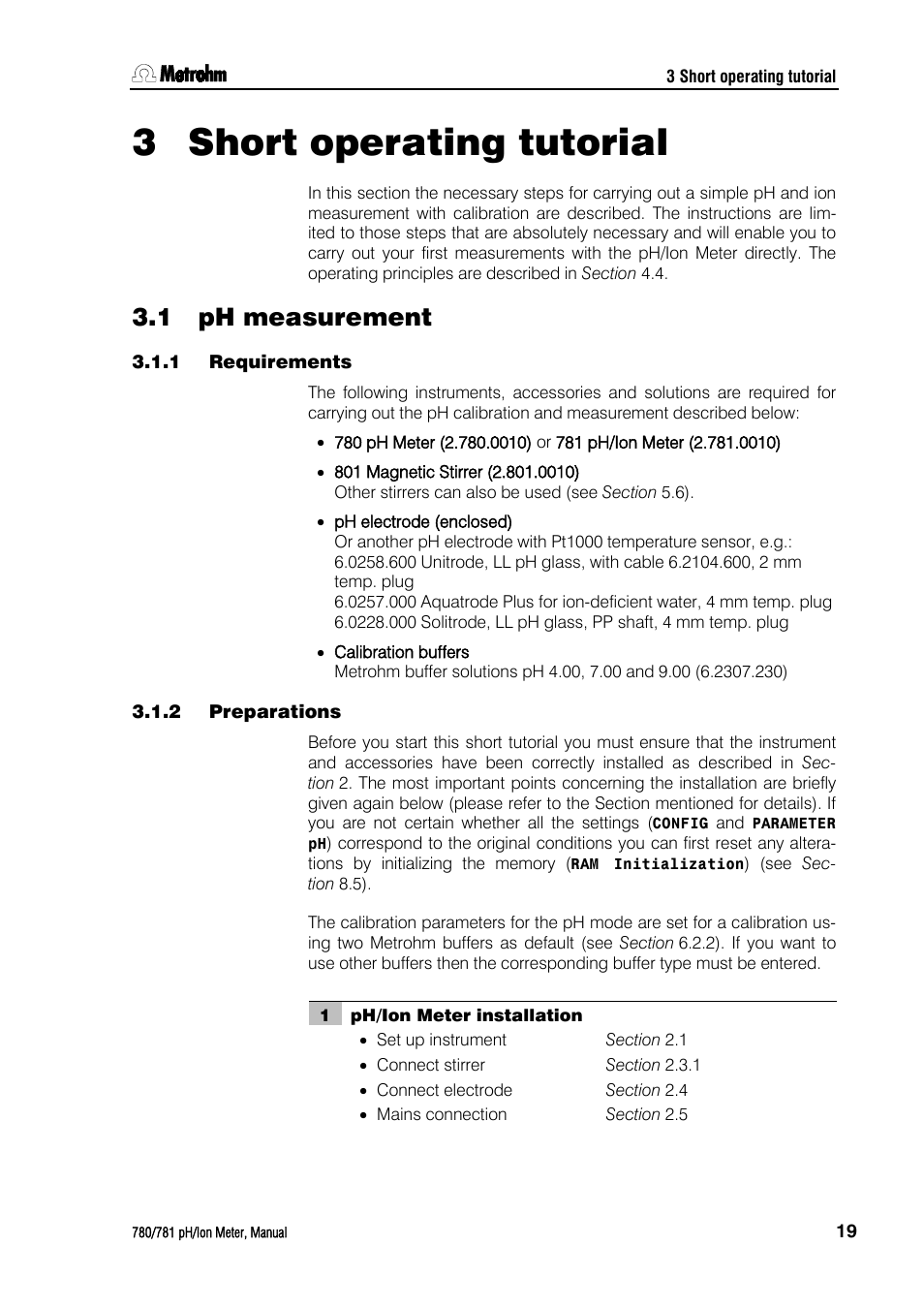 3 short operating tutorial, 1 ph measurement, 1 requirements | 2 preparations, Short operating tutorial, Ph measurement, Requirements, Preparations, 3short operating tutorial | Metrohm 781 pH/Ion Meter User Manual | Page 29 / 177