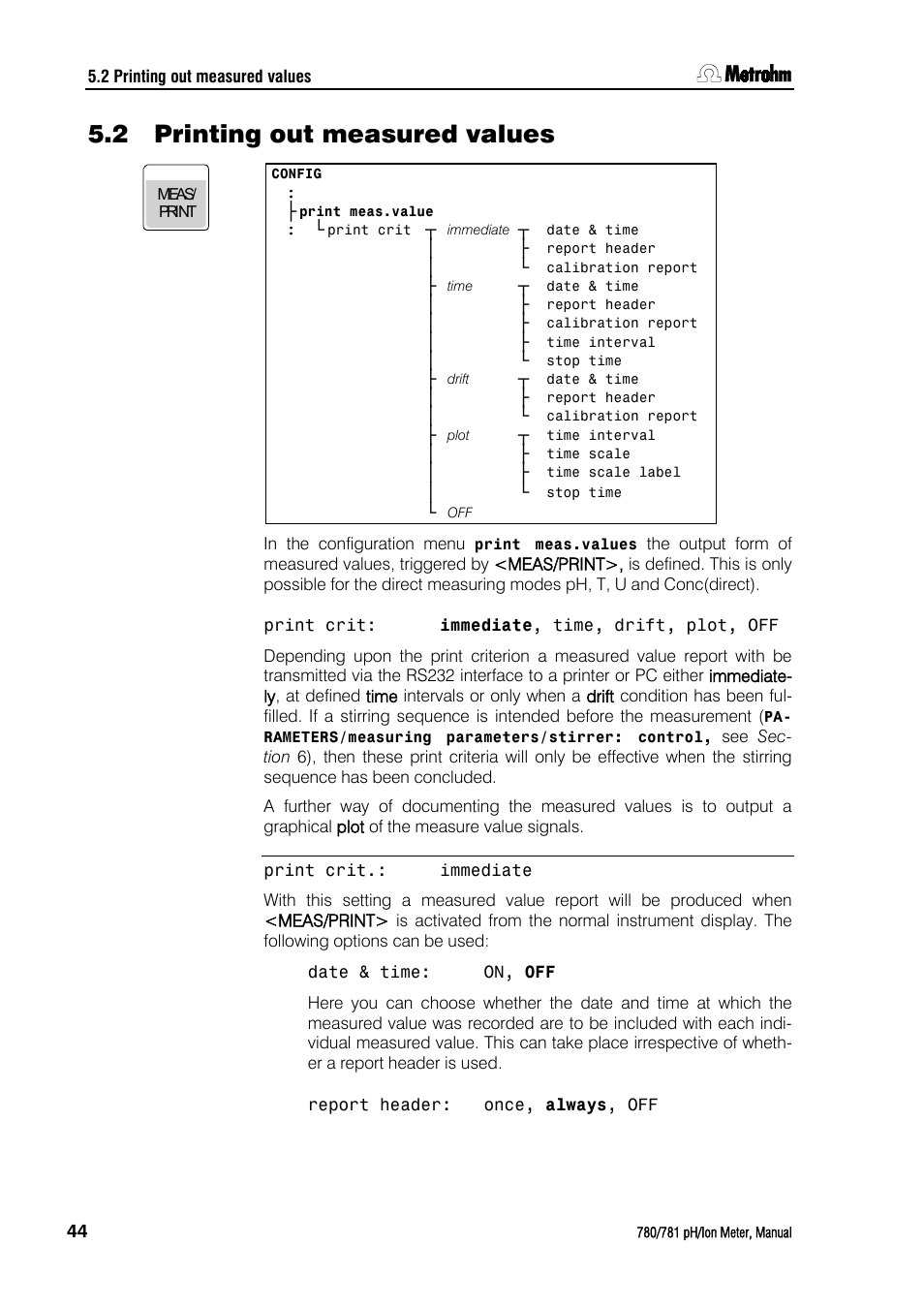 2 printing out measured values, Printing out measured values | Metrohm 781 pH/Ion Meter User Manual | Page 54 / 177