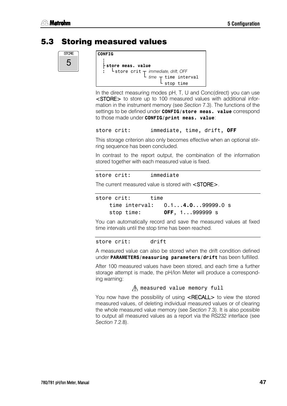 3 storing measured values, Storing measured values | Metrohm 781 pH/Ion Meter User Manual | Page 57 / 177