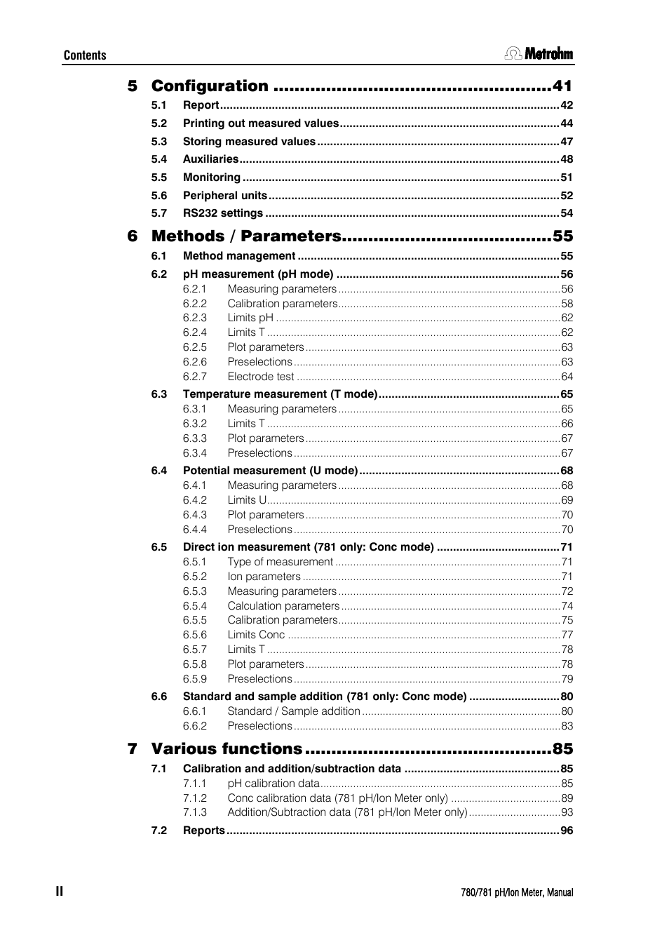 Configuration, Methods / parameters, Various functions | Metrohm 781 pH/Ion Meter User Manual | Page 6 / 177