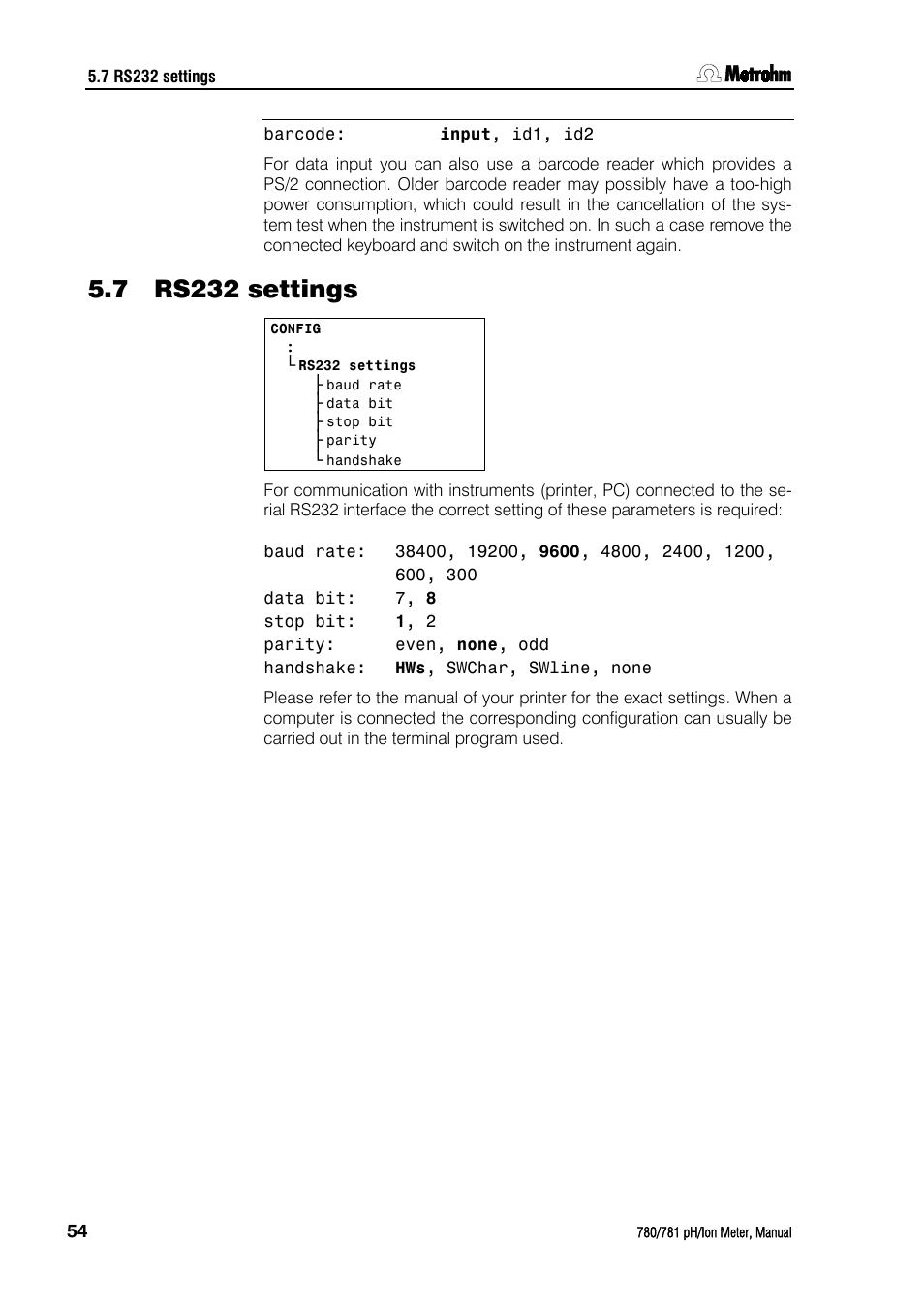 7 rs232 settings, Rs232 settings | Metrohm 781 pH/Ion Meter User Manual | Page 64 / 177