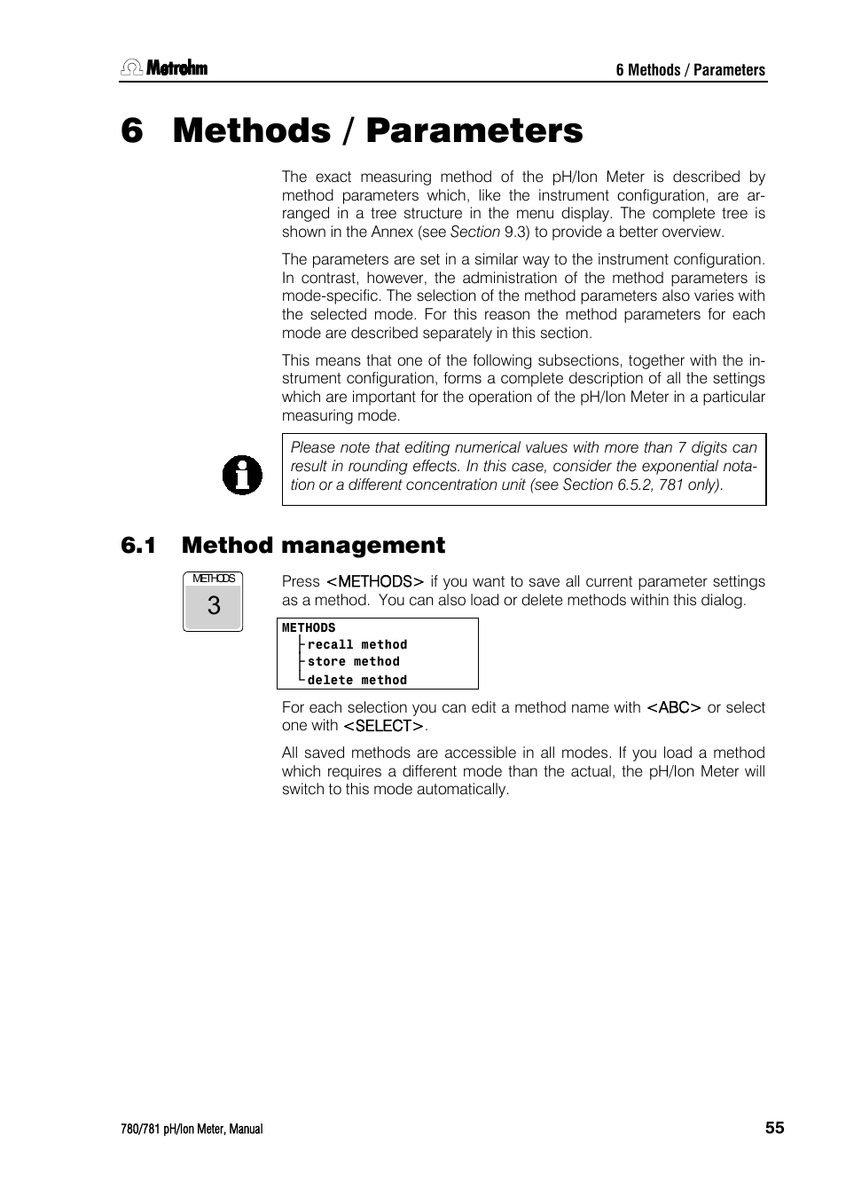 6 methods / parameters, 1 method management, Methods / parameters | Method management, 6methods / parameters | Metrohm 781 pH/Ion Meter User Manual | Page 65 / 177