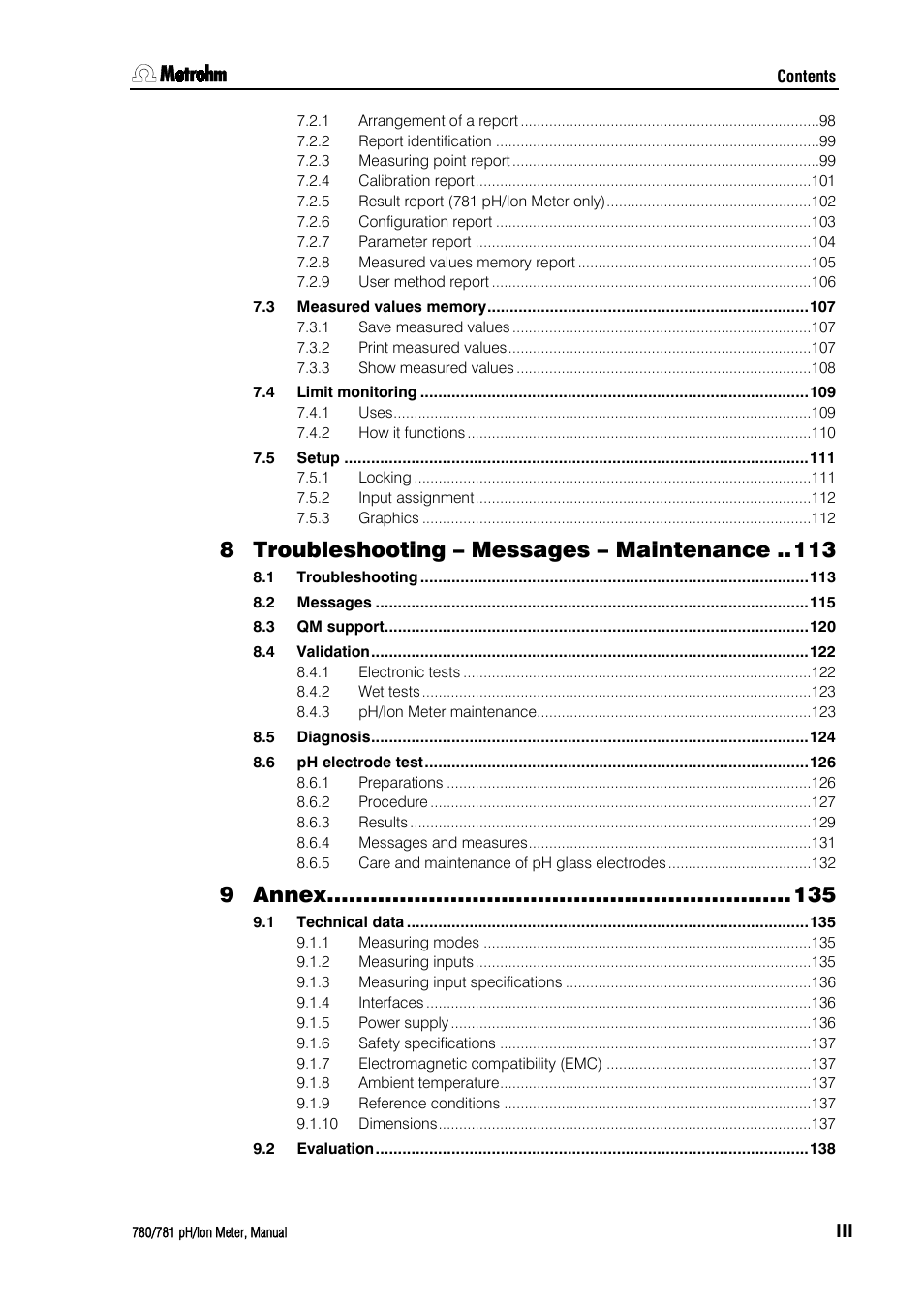 Troubleshooting – messages – maintenance, Annex | Metrohm 781 pH/Ion Meter User Manual | Page 7 / 177