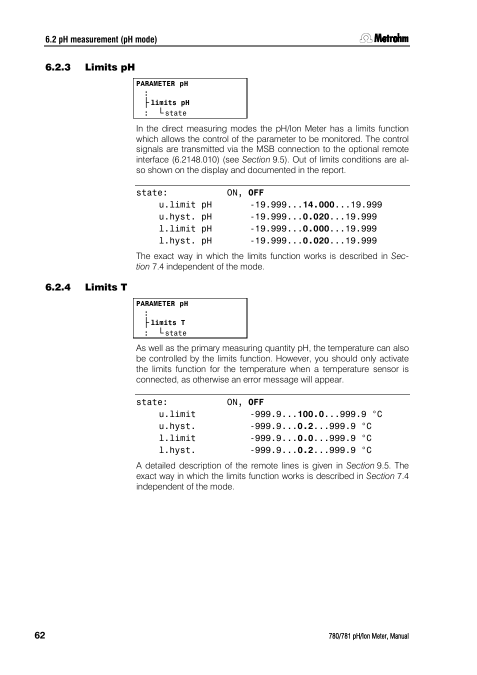 3 limits ph, 4 limits t, Limits ph | Limits t | Metrohm 781 pH/Ion Meter User Manual | Page 72 / 177