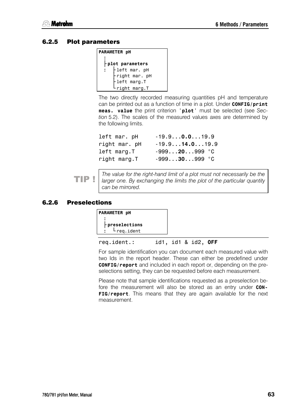 5 plot parameters, 6 preselections, Plot parameters | Preselections | Metrohm 781 pH/Ion Meter User Manual | Page 73 / 177