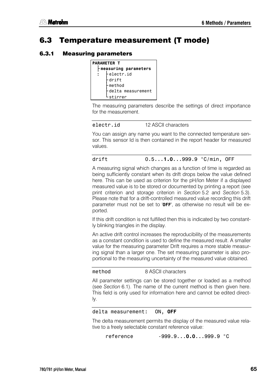 3 temperature measurement (t mode), 1 measuring parameters, Temperature measurement (t mode) | Measuring parameters | Metrohm 781 pH/Ion Meter User Manual | Page 75 / 177