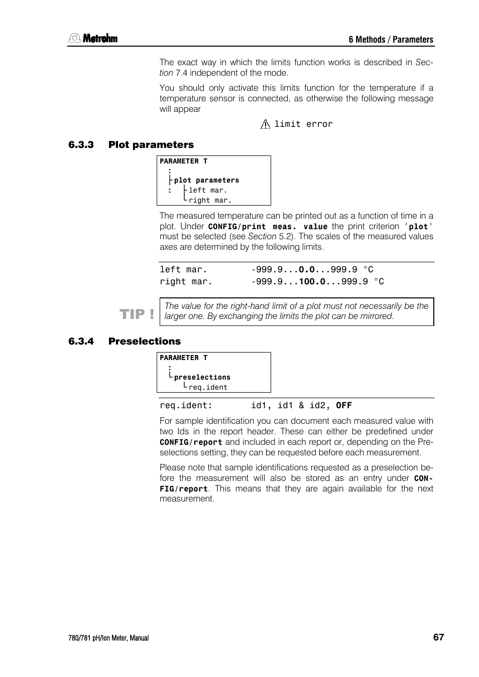 3 plot parameters, 4 preselections, Plot parameters | Preselections | Metrohm 781 pH/Ion Meter User Manual | Page 77 / 177