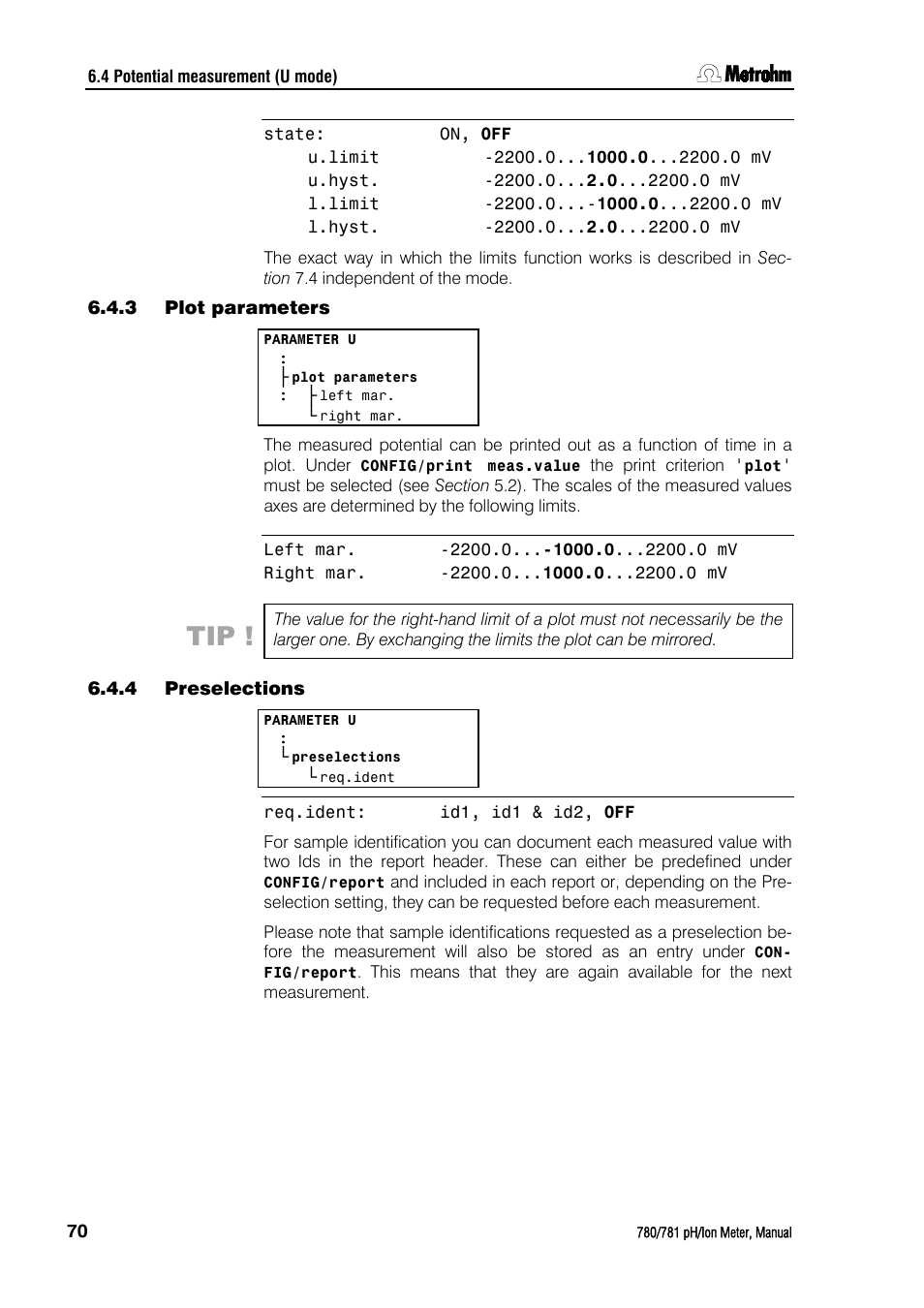 3 plot parameters, 4 preselections, Plot parameters | Preselections | Metrohm 781 pH/Ion Meter User Manual | Page 80 / 177