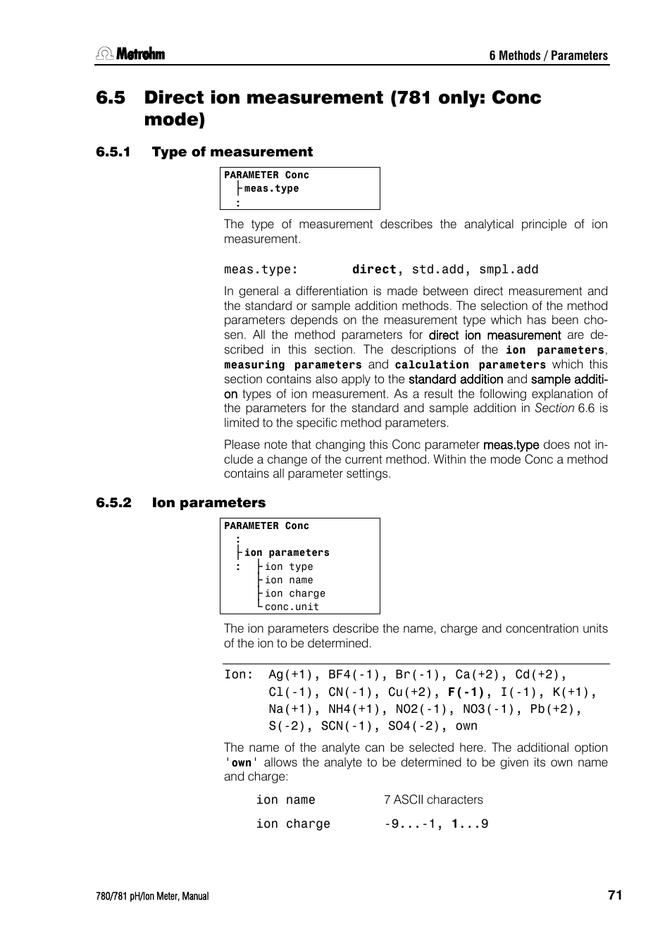 5 direct ion measurement (781 only: conc mode), 1 type of measurement, 2 ion parameters | Direct ion measurement (781 only: conc mode), Type of measurement, Ion parameters | Metrohm 781 pH/Ion Meter User Manual | Page 81 / 177