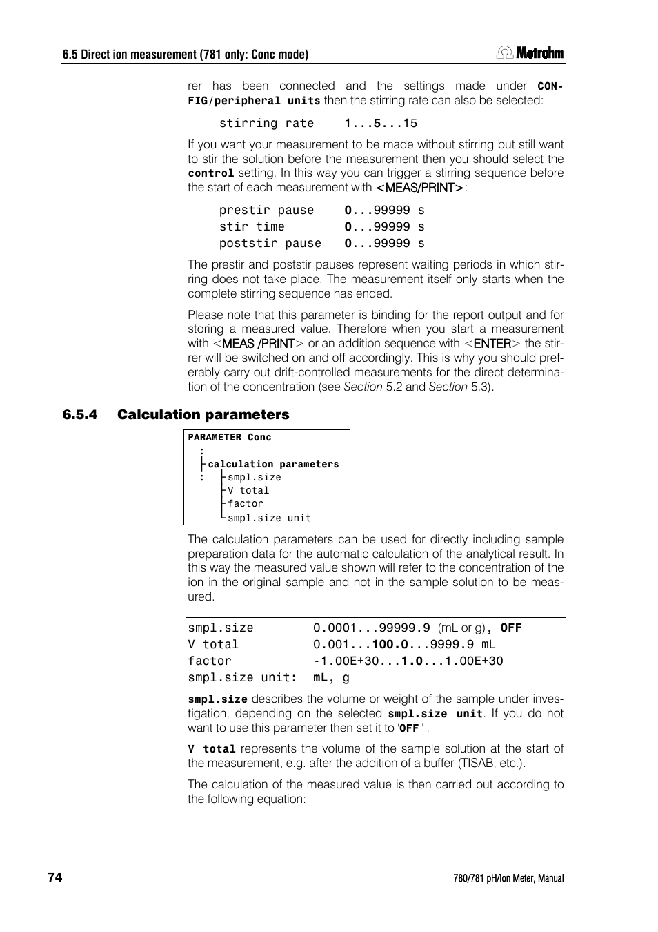 4 calculation parameters, Calculation parameters | Metrohm 781 pH/Ion Meter User Manual | Page 84 / 177