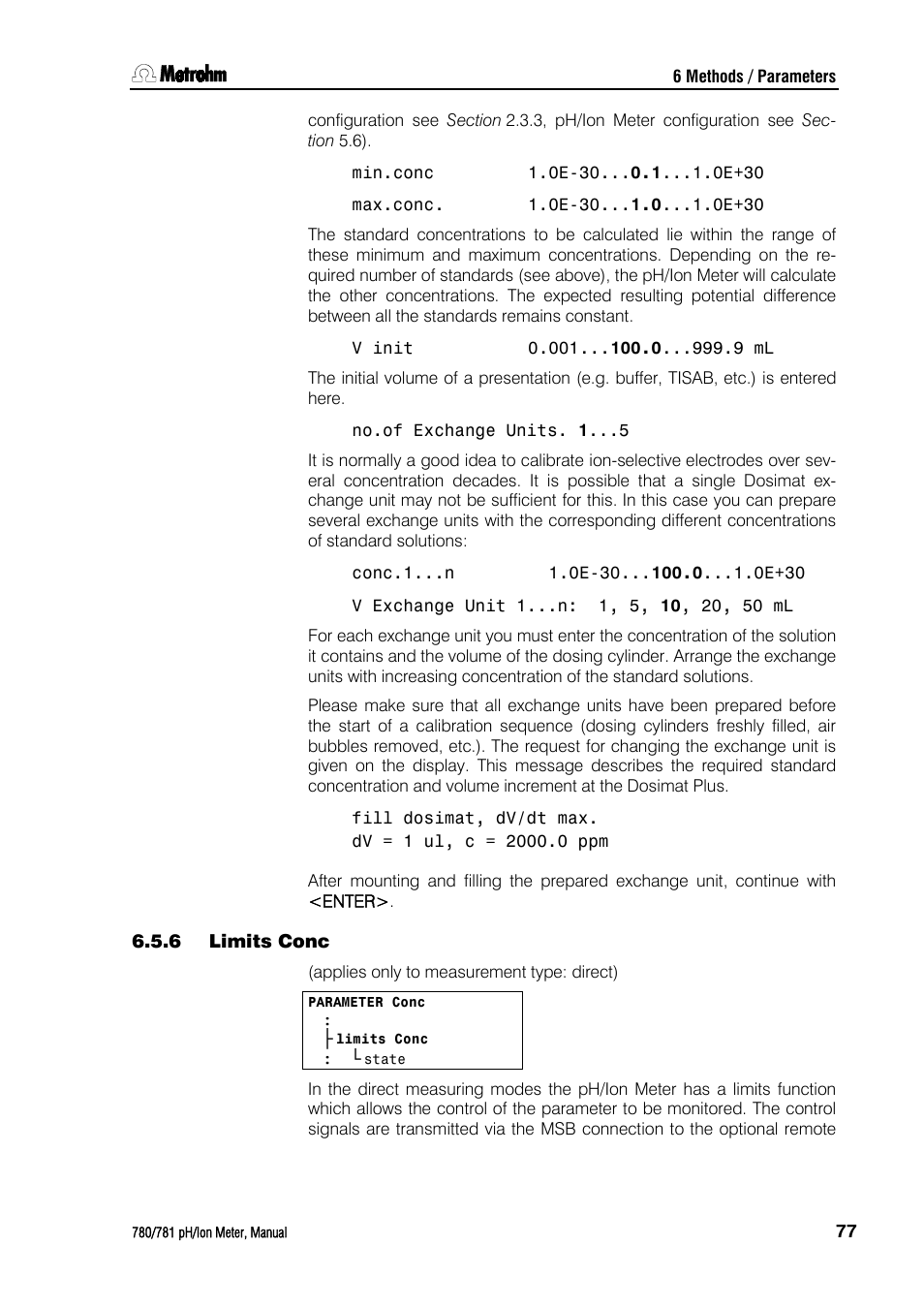 6 limits conc, Limits conc | Metrohm 781 pH/Ion Meter User Manual | Page 87 / 177