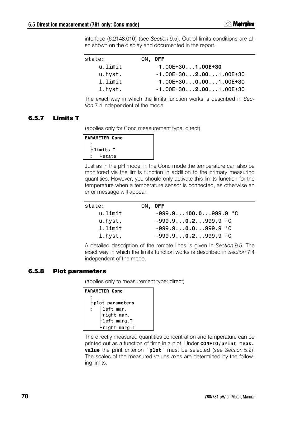 7 limits t, 8 plot parameters, Limits t | Plot parameters | Metrohm 781 pH/Ion Meter User Manual | Page 88 / 177