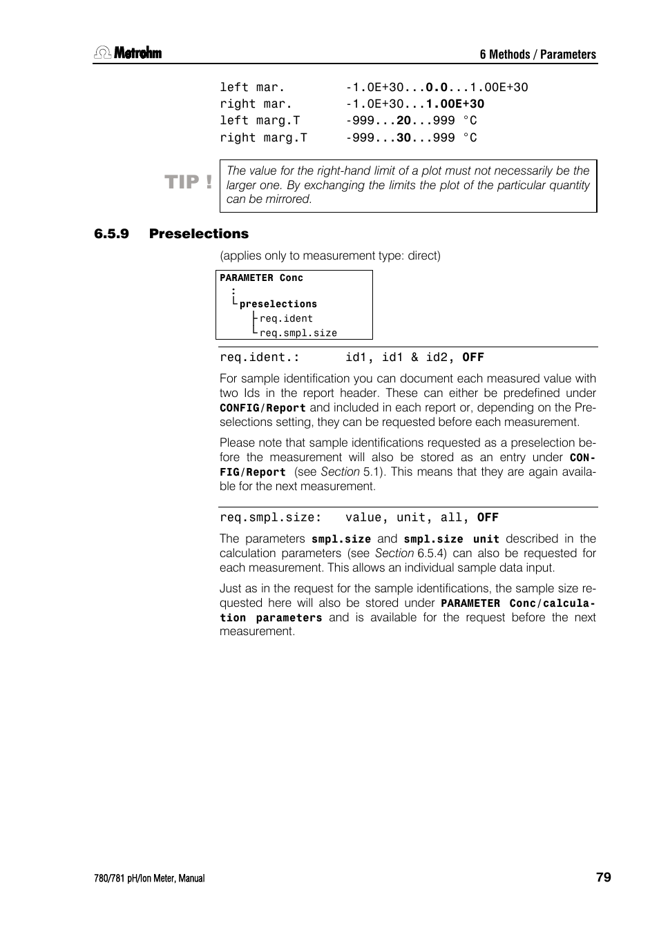 9 preselections, Preselections | Metrohm 781 pH/Ion Meter User Manual | Page 89 / 177