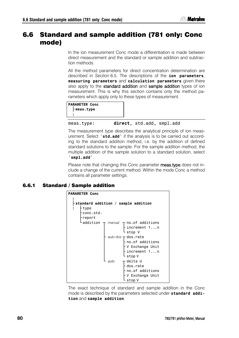 1 standard / sample addition, Standard and sample addition (781 only: conc mode), Standard / sample addition | Metrohm 781 pH/Ion Meter User Manual | Page 90 / 177