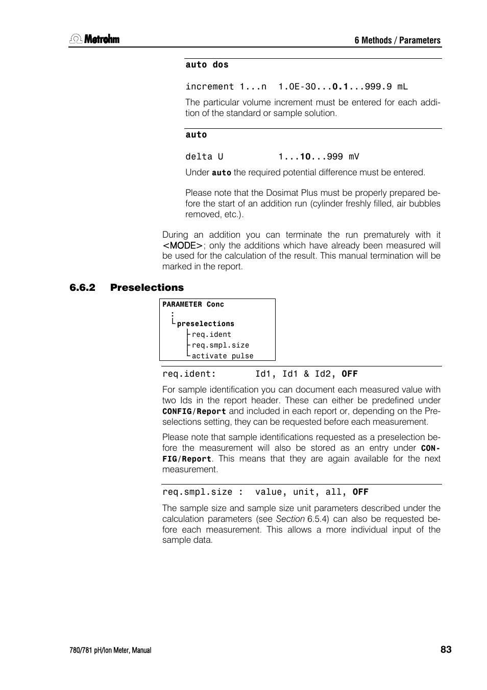 2 preselections, Preselections | Metrohm 781 pH/Ion Meter User Manual | Page 93 / 177