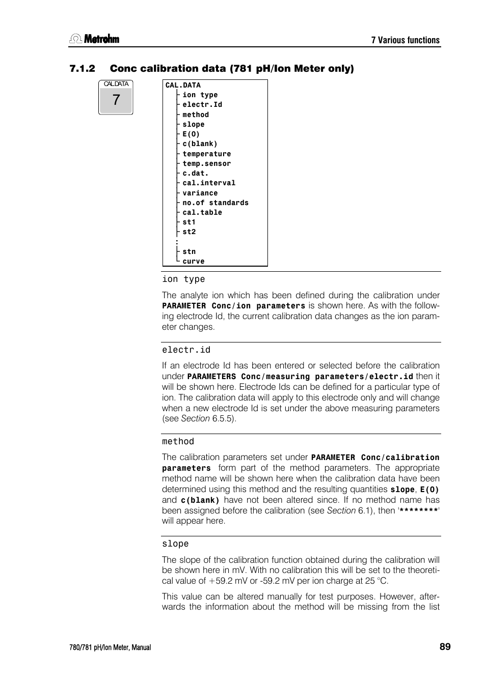 2 conc calibration data (781 ph/ion meter only), Conc calibration data (781 ph/ion meter only) | Metrohm 781 pH/Ion Meter User Manual | Page 99 / 177