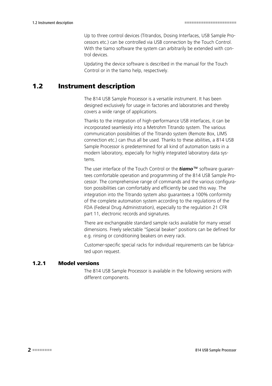2 instrument description, 1 model versions, Instrument description | Model versions | Metrohm 814 USB Sample Processor User Manual | Page 10 / 90